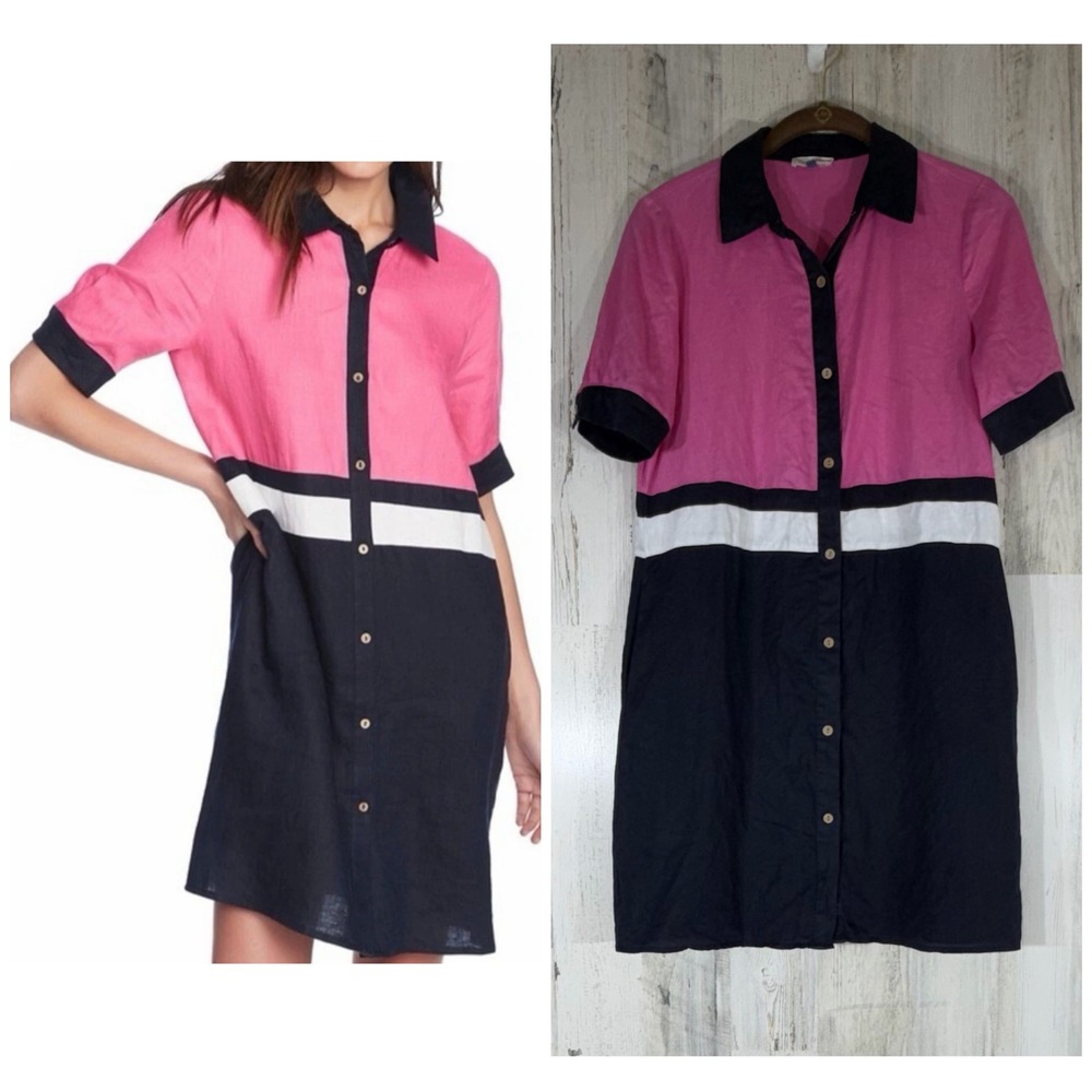 Court & Rowe Pink Navy White Colorblock Linen Button Down Shirt Dress XS